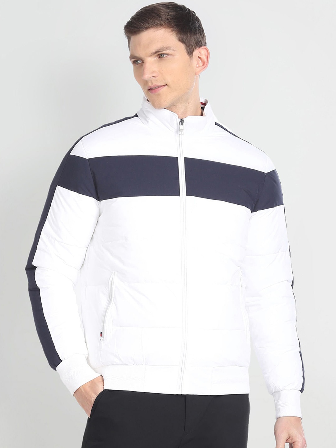 

Arrow Sport Striped High Neck Puffer Jacket, White
