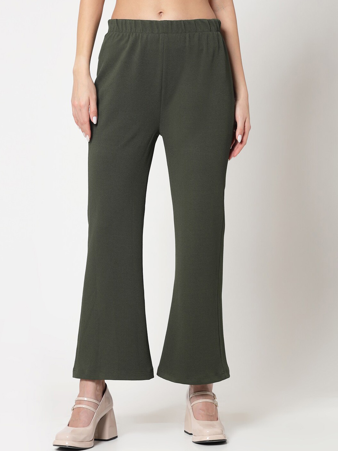 

OFFICE & YOU Women Acyrlic Flared Bell Bottom Trousers, Olive