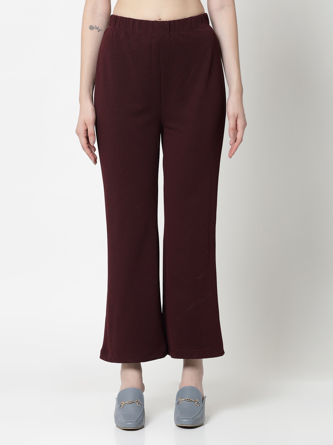 

OFFICE & YOU Women Loose Fit Mid-Rise Easy Wash Acrylic Cropped Bootcut Trouser, Maroon