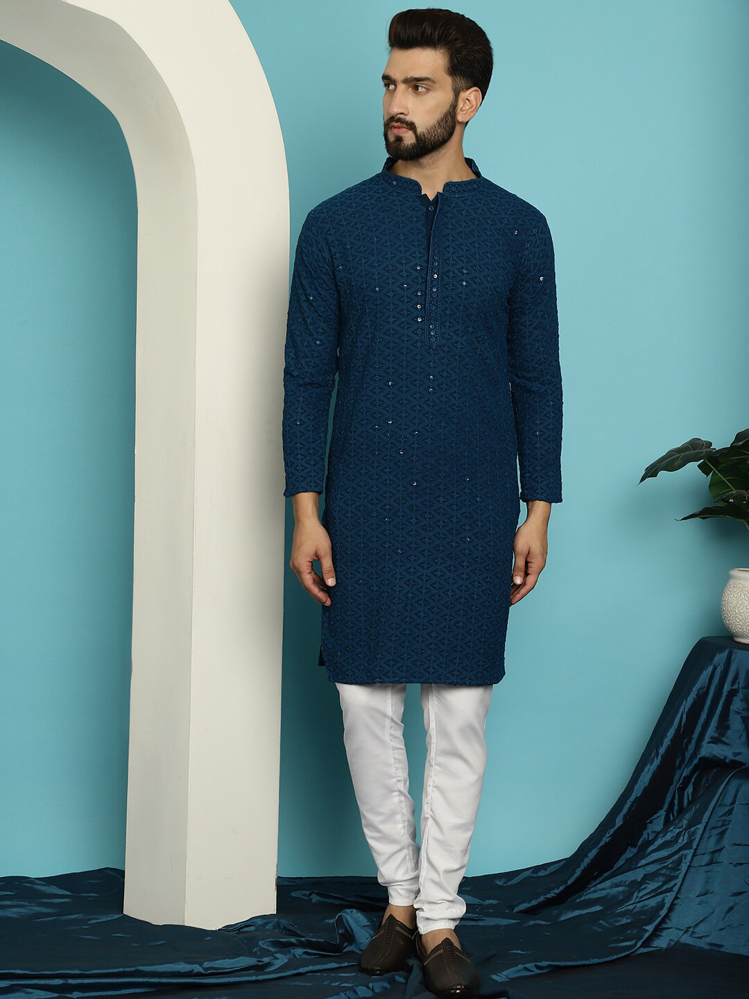 

SOJANYA Ethnic Motifs Embroidered Regular Sequined Pure Cotton Kurta With Churidar, Teal