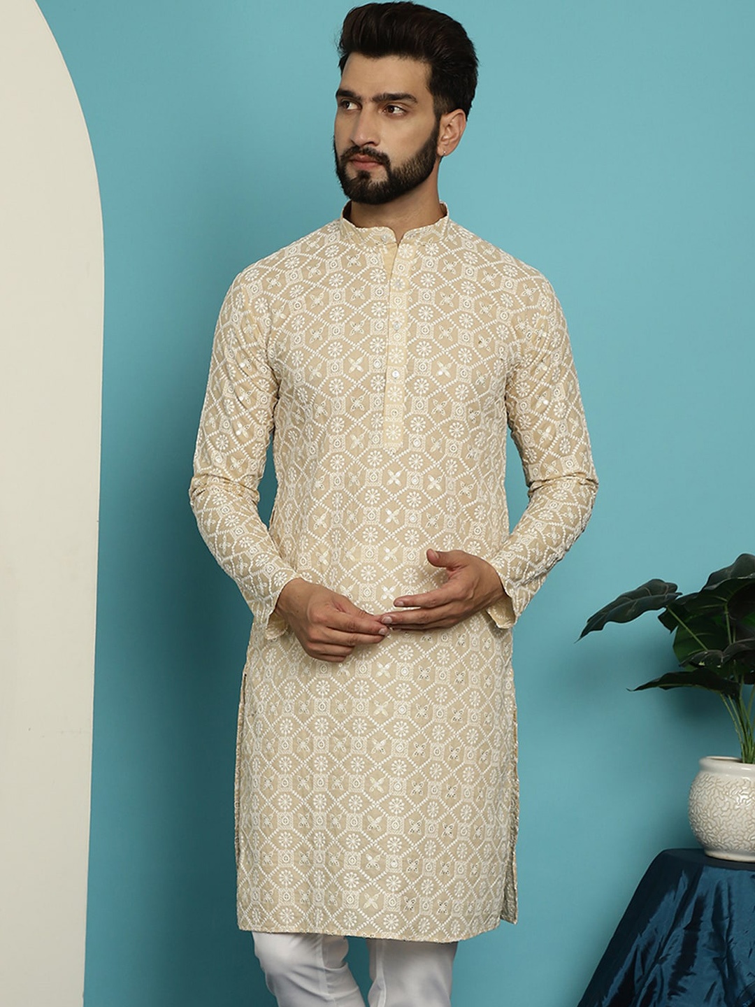 

SOJANYA Floral Embroidered Sequined Pure Cotton Kurta, Beige