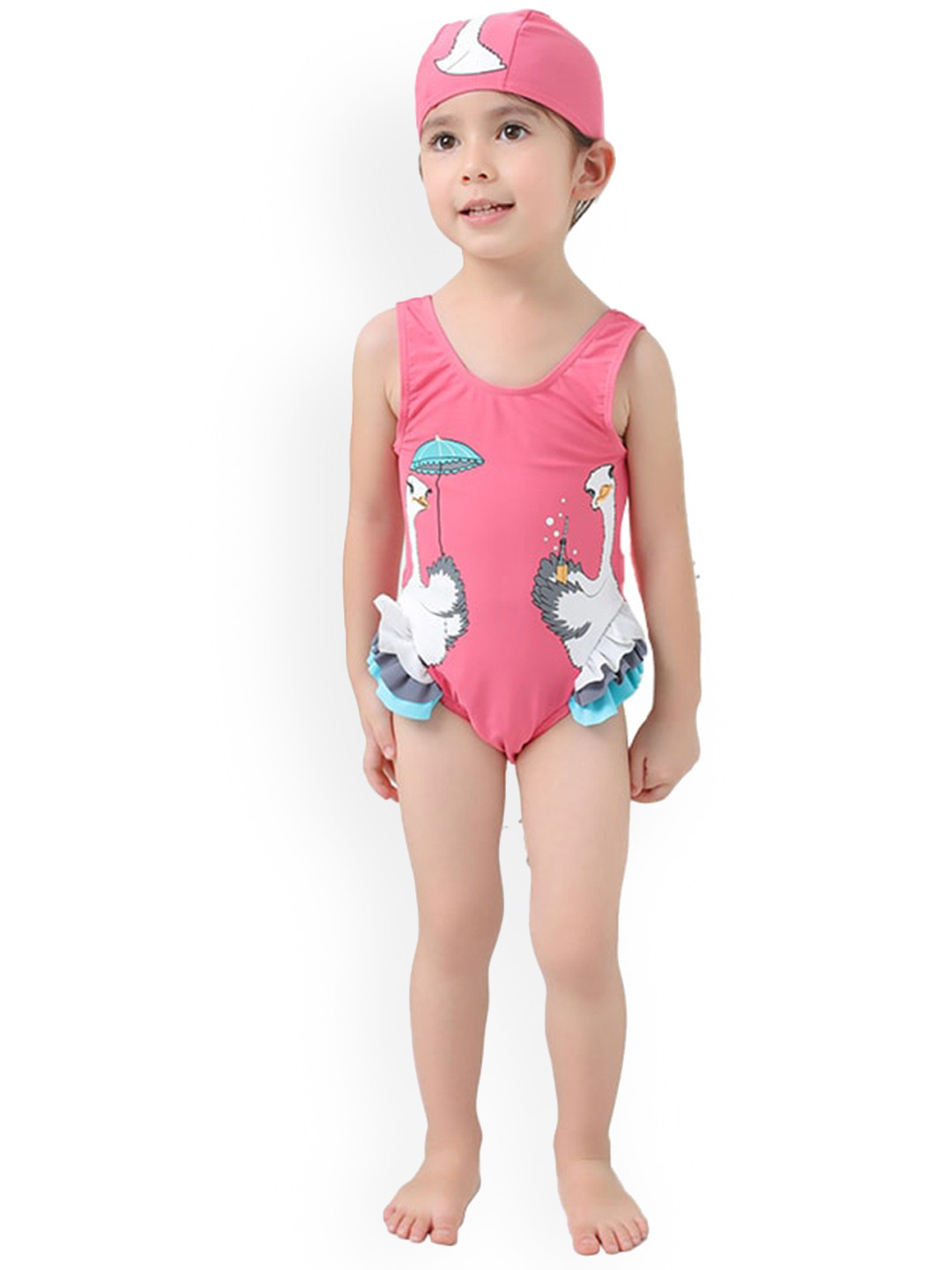 

StyleCast Girls Pink Printed Bodysuit Swimwear With Cap