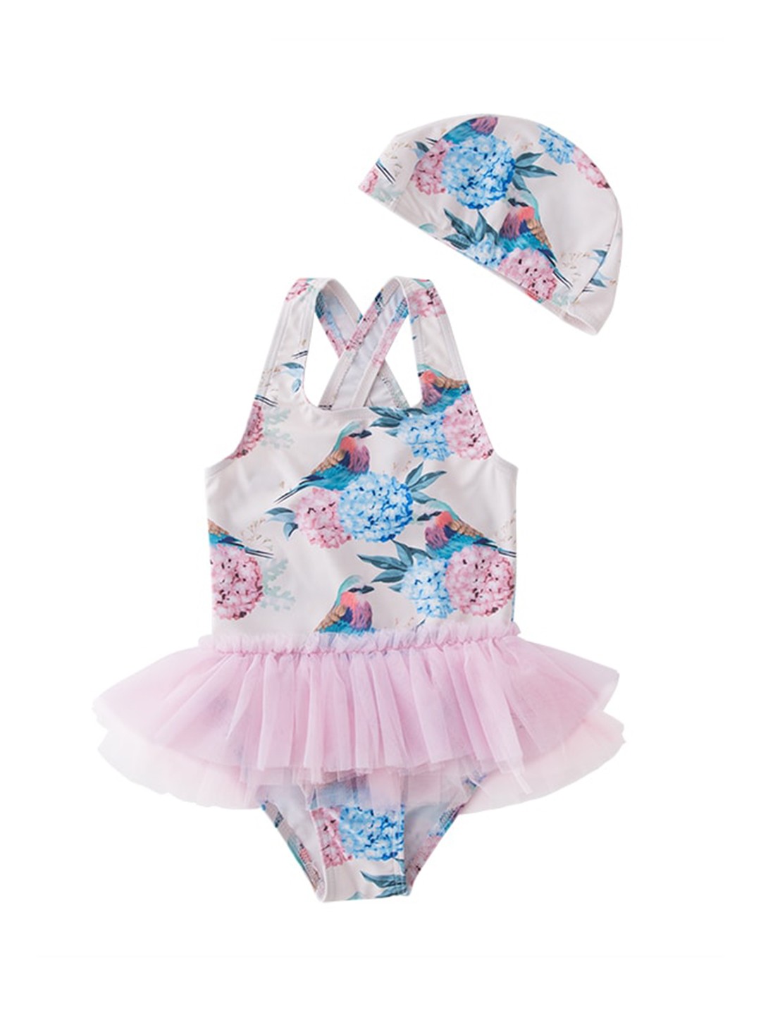 

StyleCast Girls White Floral Printed Shoulder Straps Swimming Dress