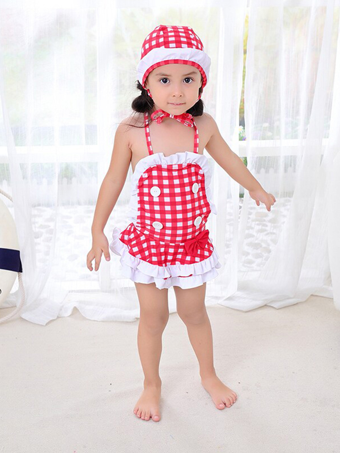 

StyleCast Infant Girls Red Swimming Dress with Swim Cap