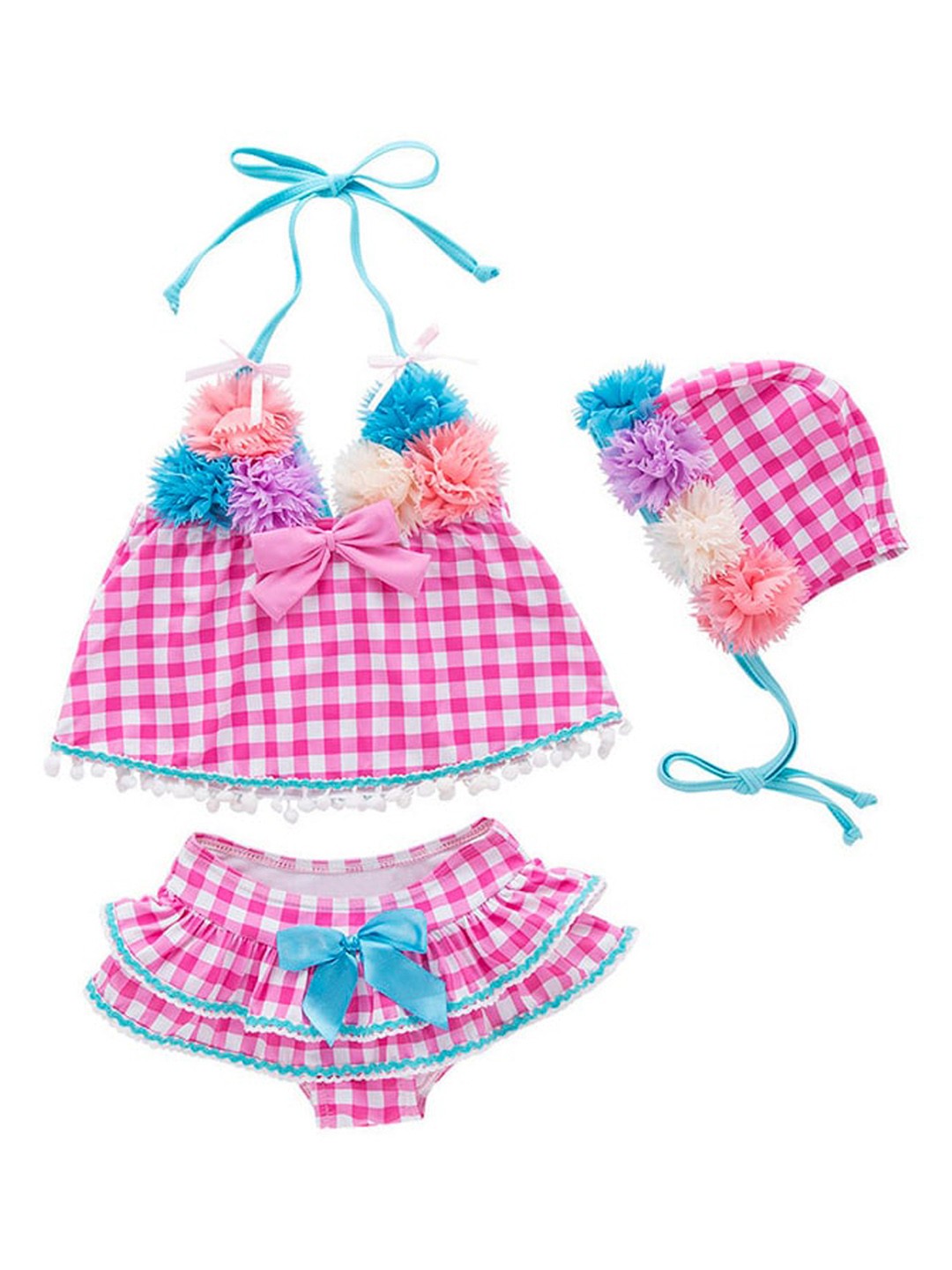

StyleCast Girls Pink & Blue Checked Swim Bikini Set With Swim Cap