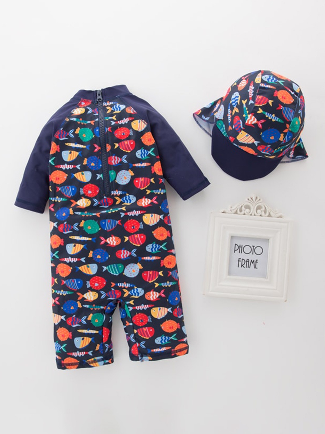 

StyleCast Boys Navy Blue & Orange Conversational Printed Legsuit With Hat