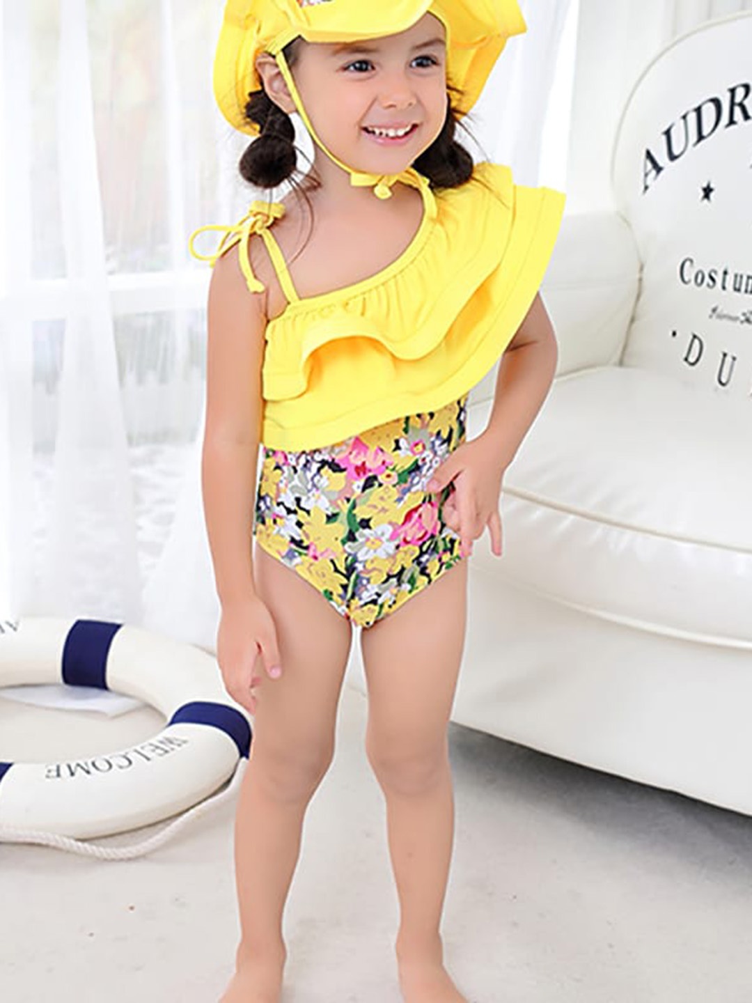 

StyleCast Girls Yellow Floral Printed Swim Bodysuit With Hat