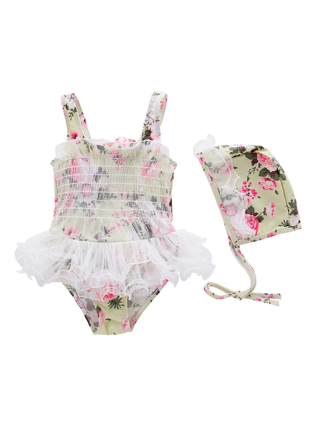

StyleCast Girls Green Floral Printed Shoulder Straps Bodysuit Swimwear With Cap