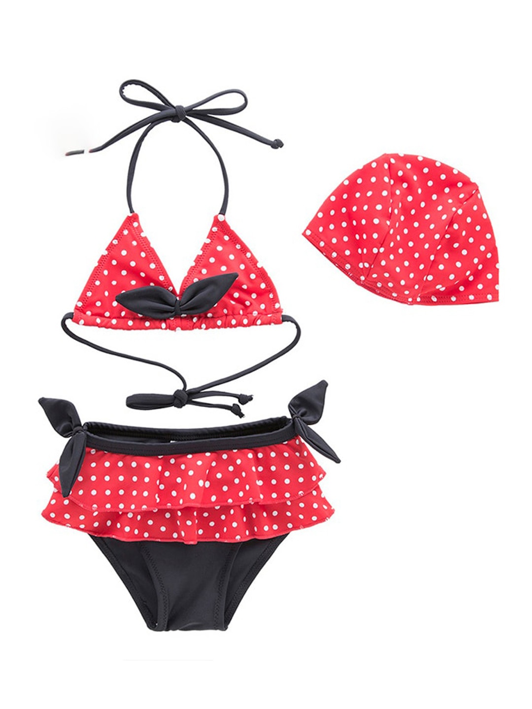 

StyleCast Girls Polka Dots Printed Swim Bikini Set With Cap, Red