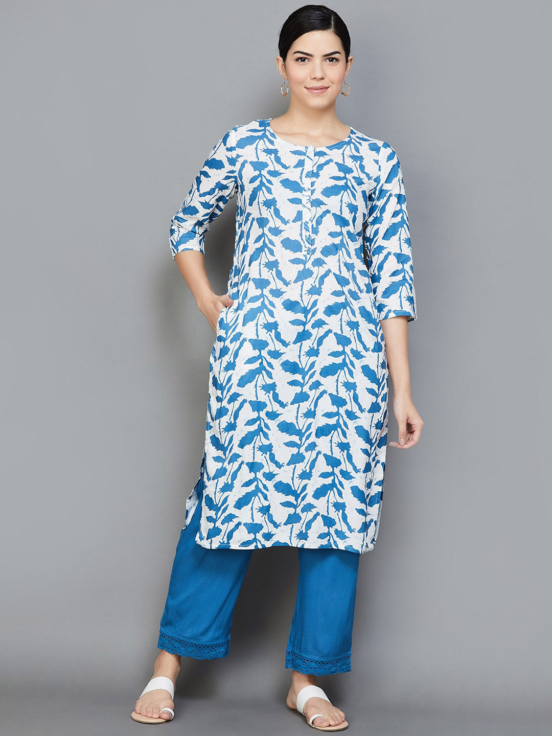 

Melange by Lifestyle Floral Printed Kurta with Trousers, White