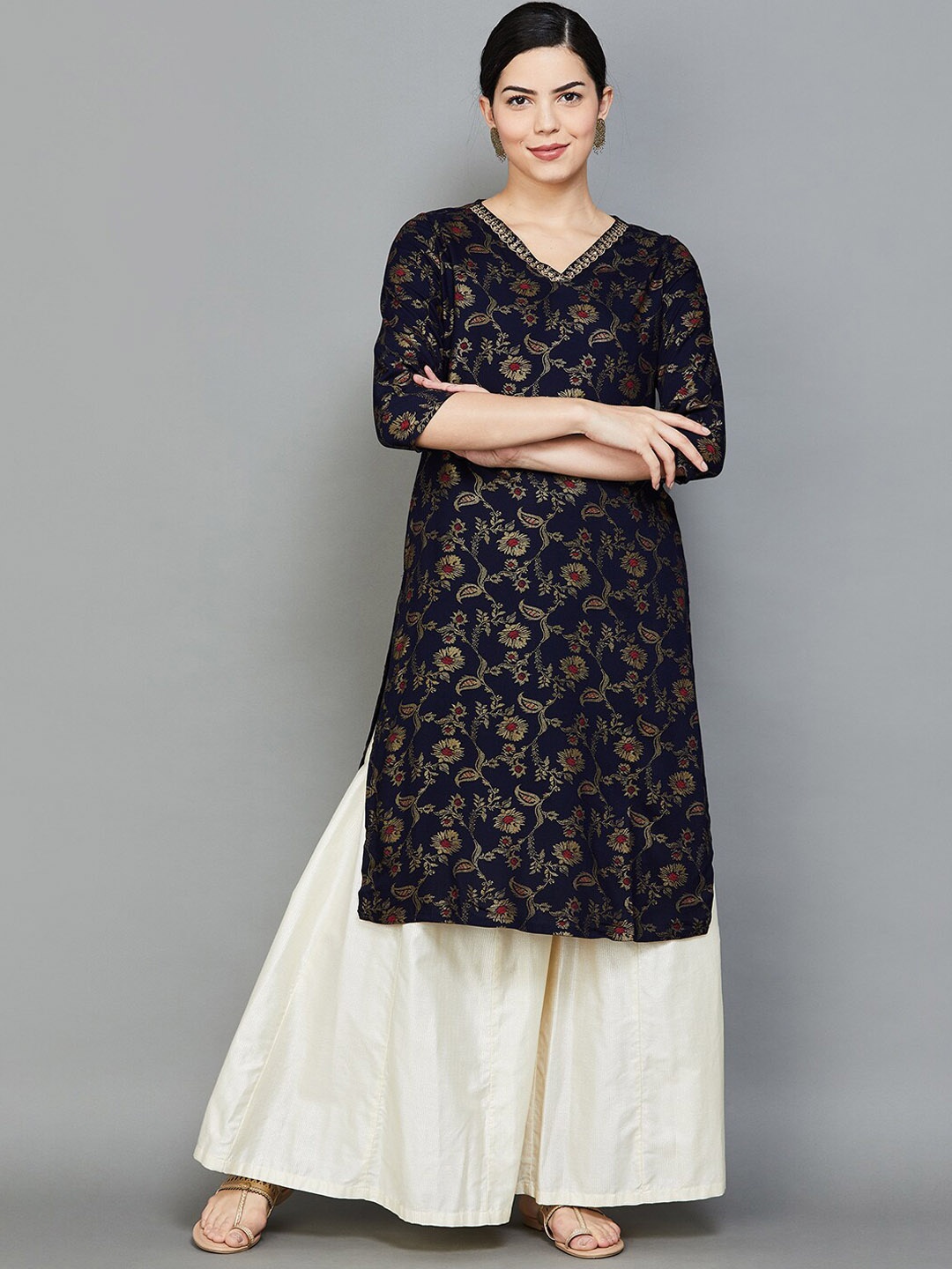 

Melange by Lifestyle Floral Woven Design Thread Work Straight Kurta, Navy blue