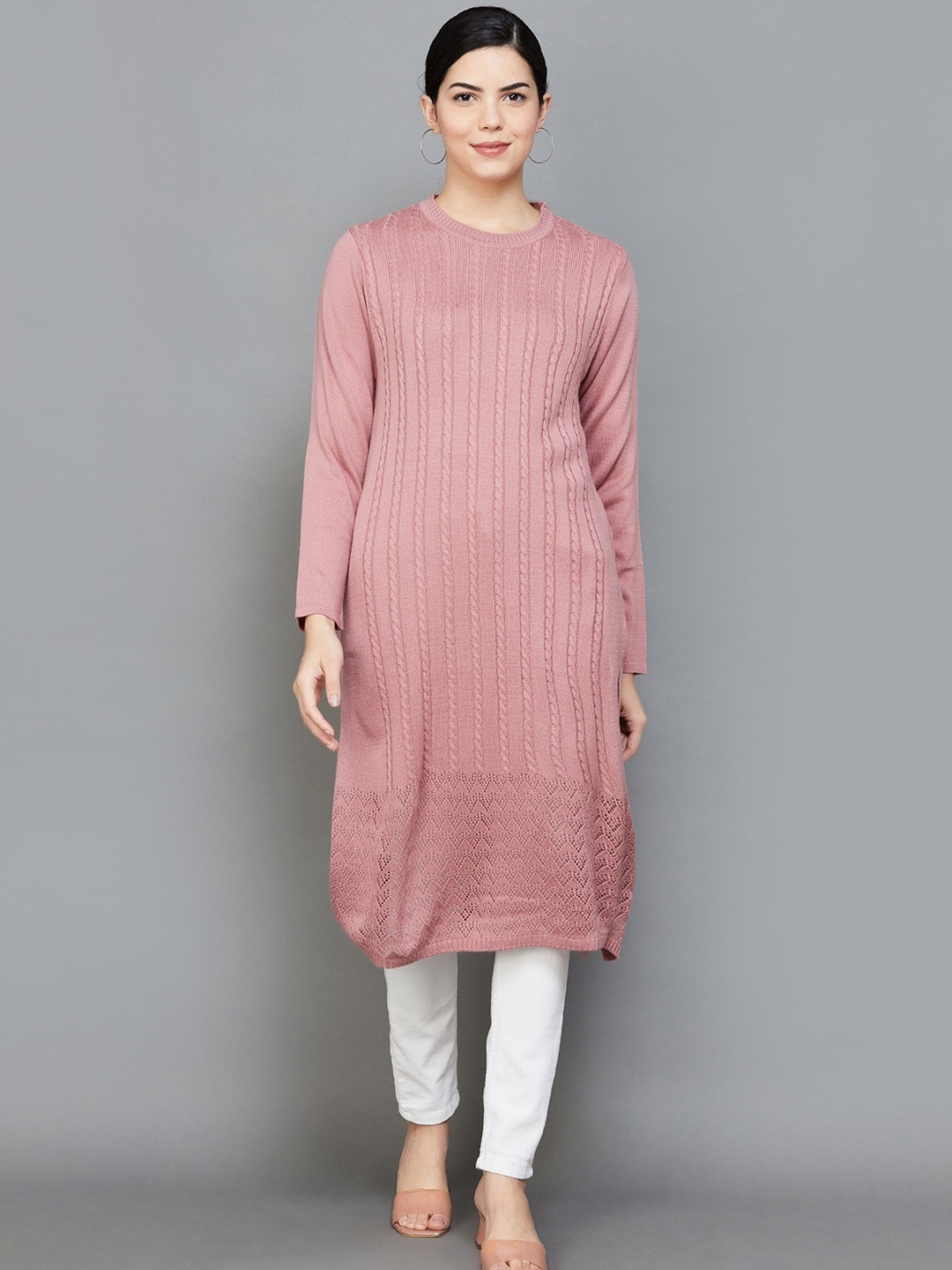 

Melange by Lifestyle Striped Pure Acrylic Straight Kurta, Pink