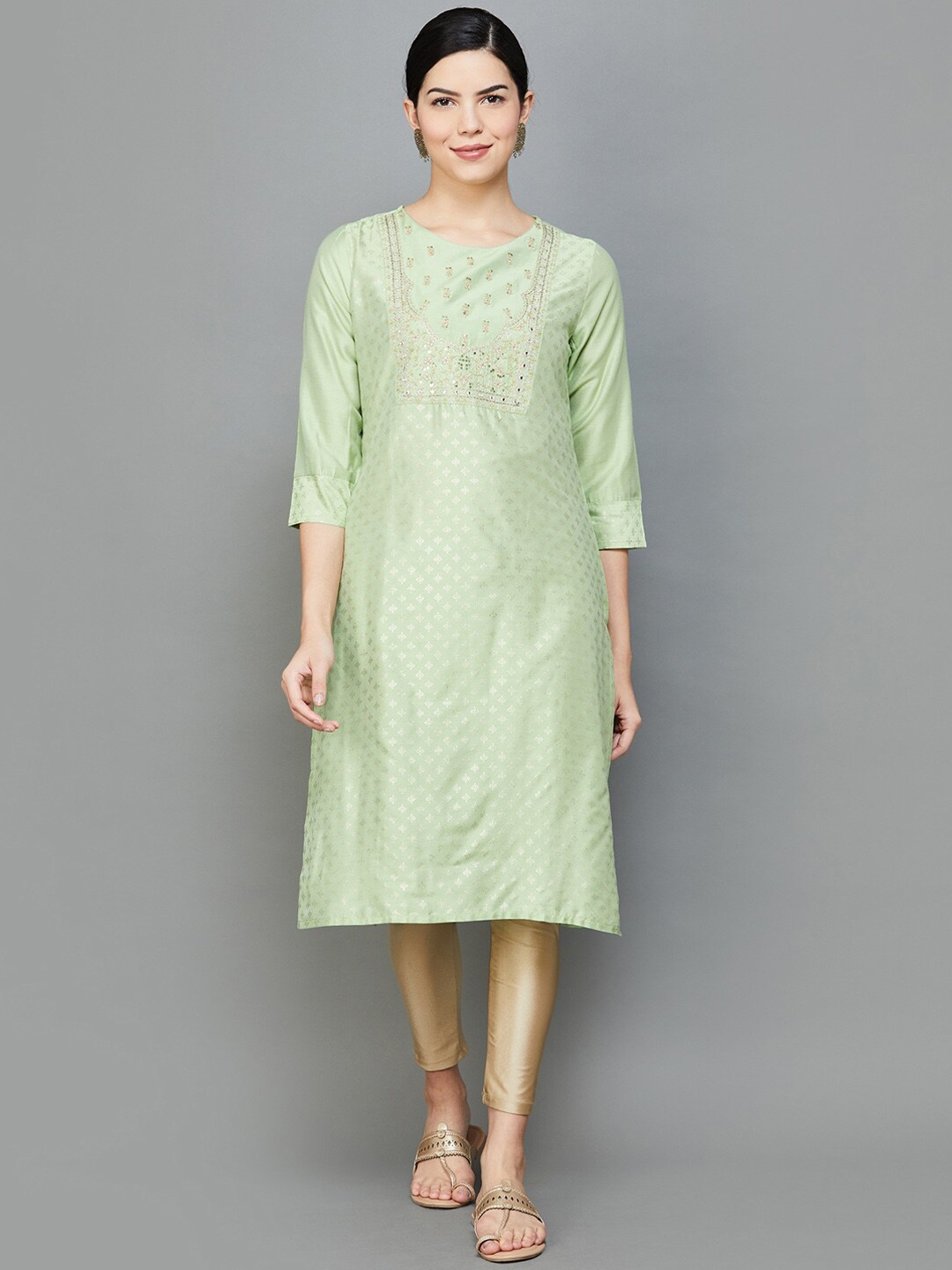 

Melange by Lifestyle Ethnic Motifs Printed Thread Work Straight Kurta, Green