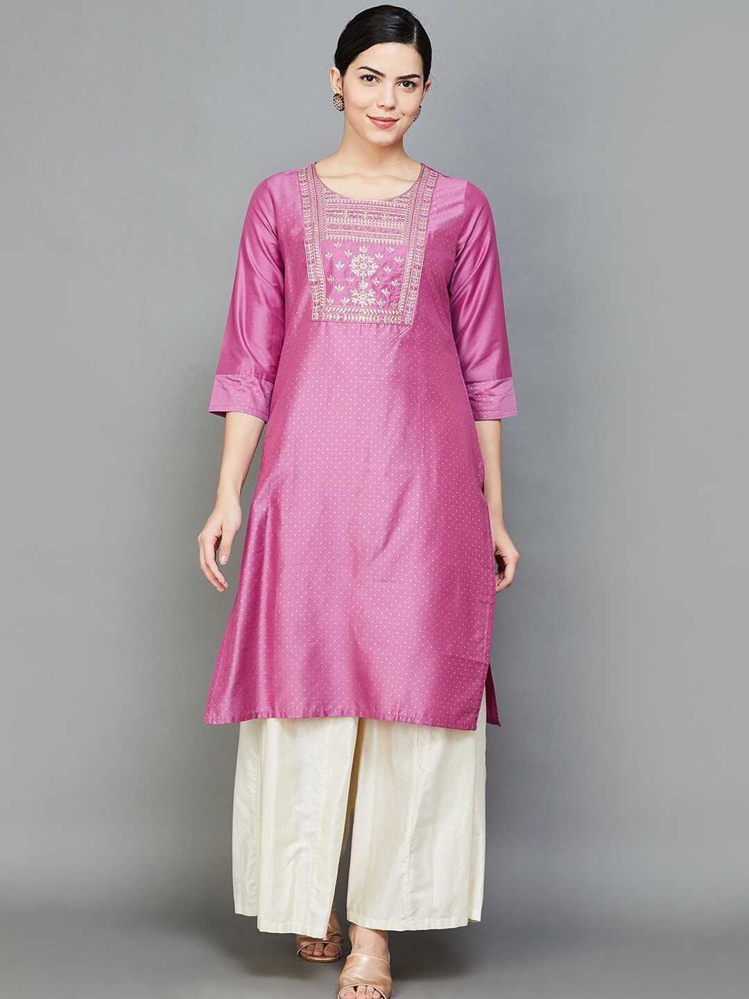 

Melange by Lifestyle Floral Embroidered Straight Kurta, Pink