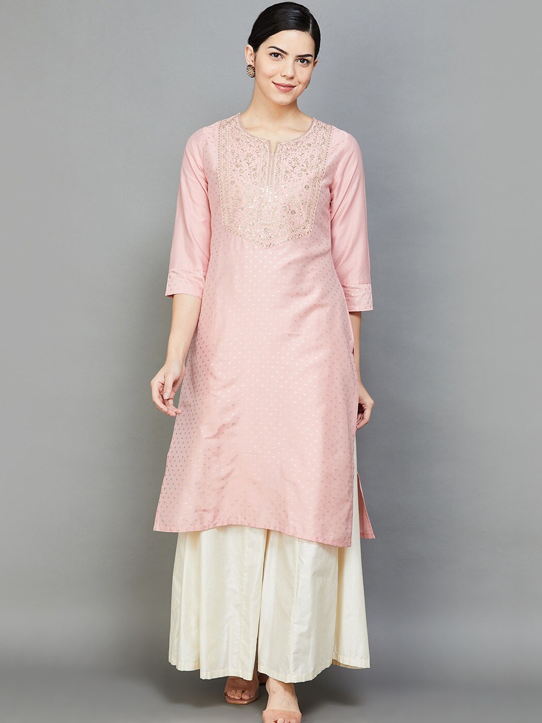 

Melange by Lifestyle Ethnic Motifs Printed Thread Work Straight Kurta, Pink