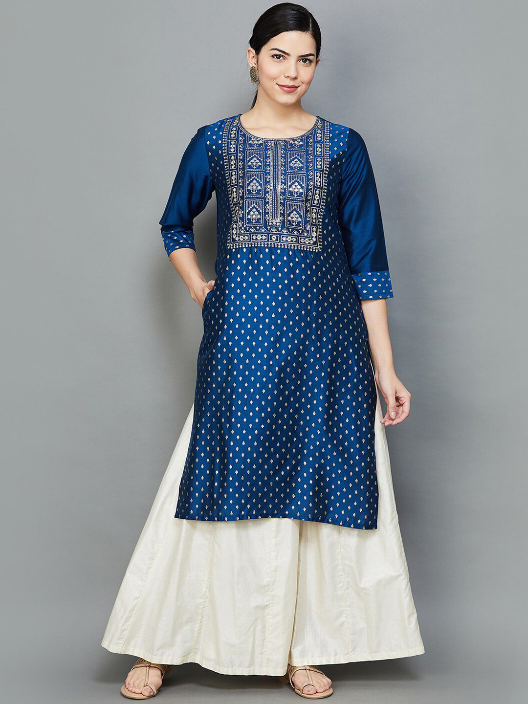 

Melange by Lifestyle Ethnic Motifs Woven Design Thread Work Straight Kurta, Teal