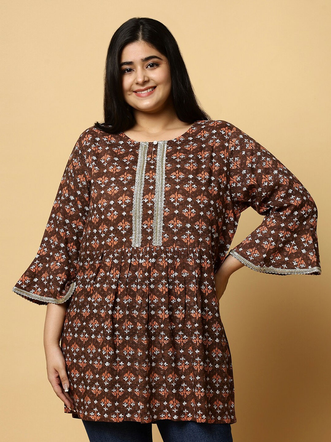 

Sztori Plus Size Ethnic Motifs Printed Pure Cotton Straight Short Kurti, Brown