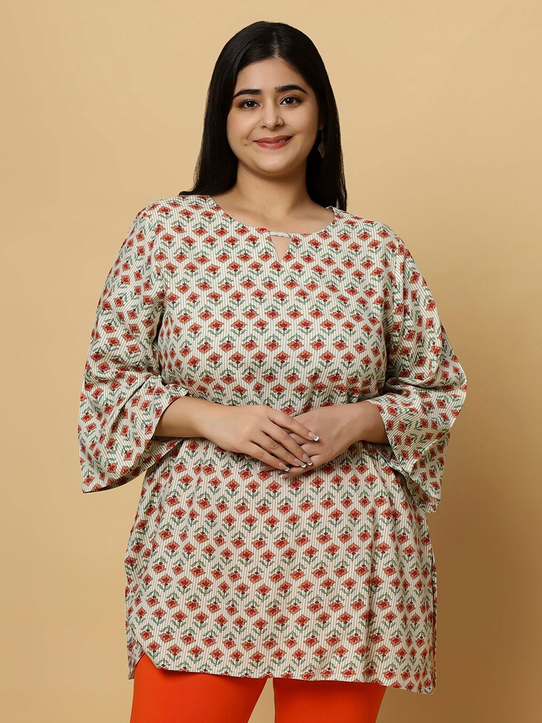 

Sztori Plus Size Ethnic Motifs Printed Pure Cotton Straight Short Kurti, Beige