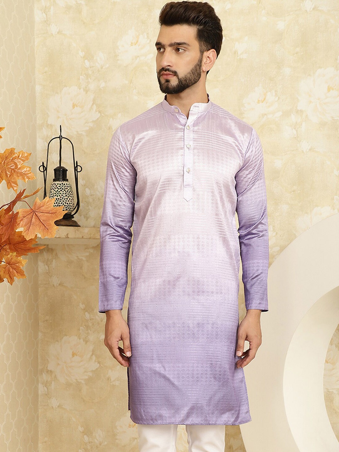 

SOJANYA Band Collar Thread Work Ombre Jacquard Kurta, Purple