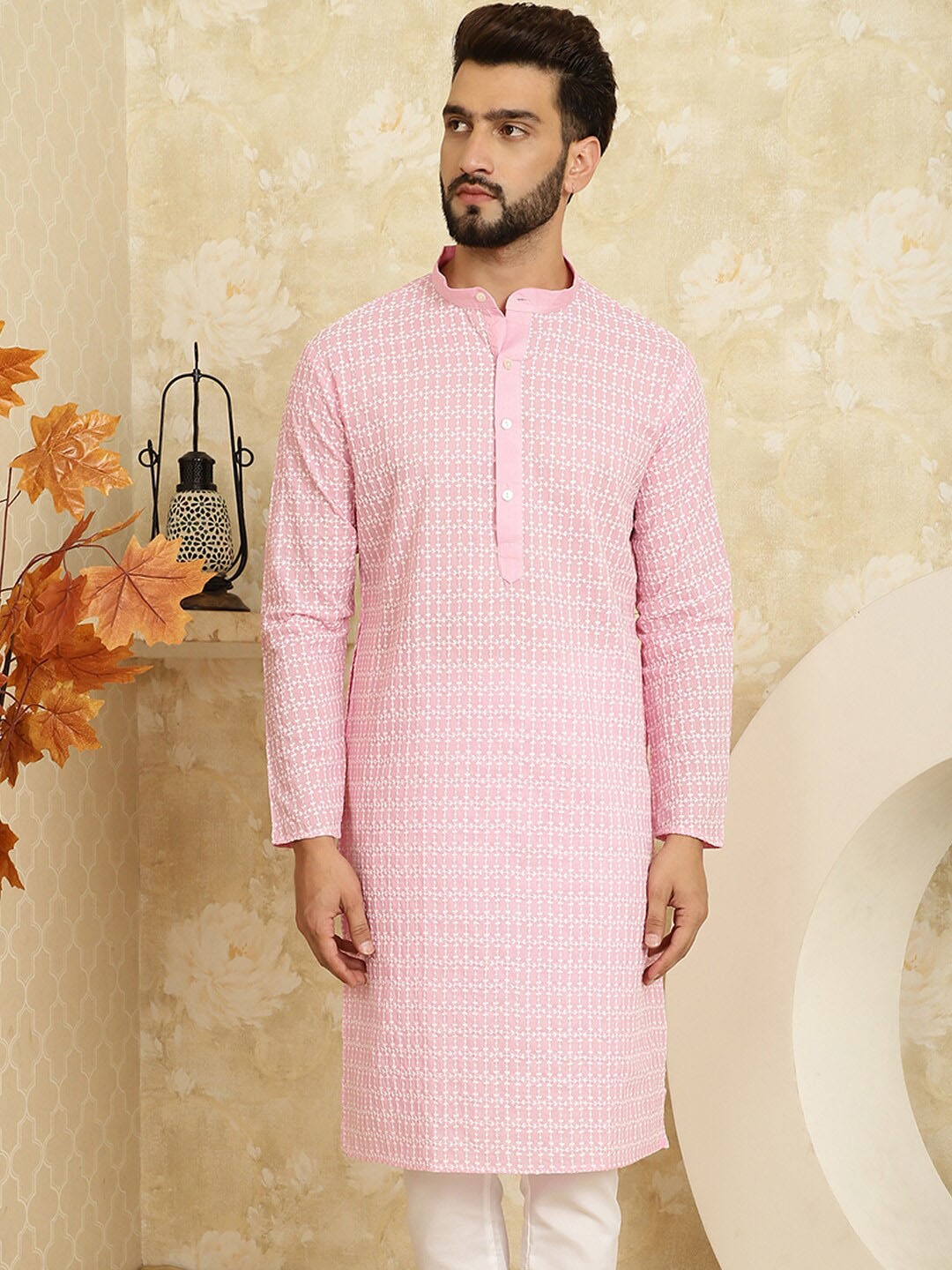 

SOJANYA Floral Embroidered Band Collar Pastels Pure Cotton Straight Kurta, Pink