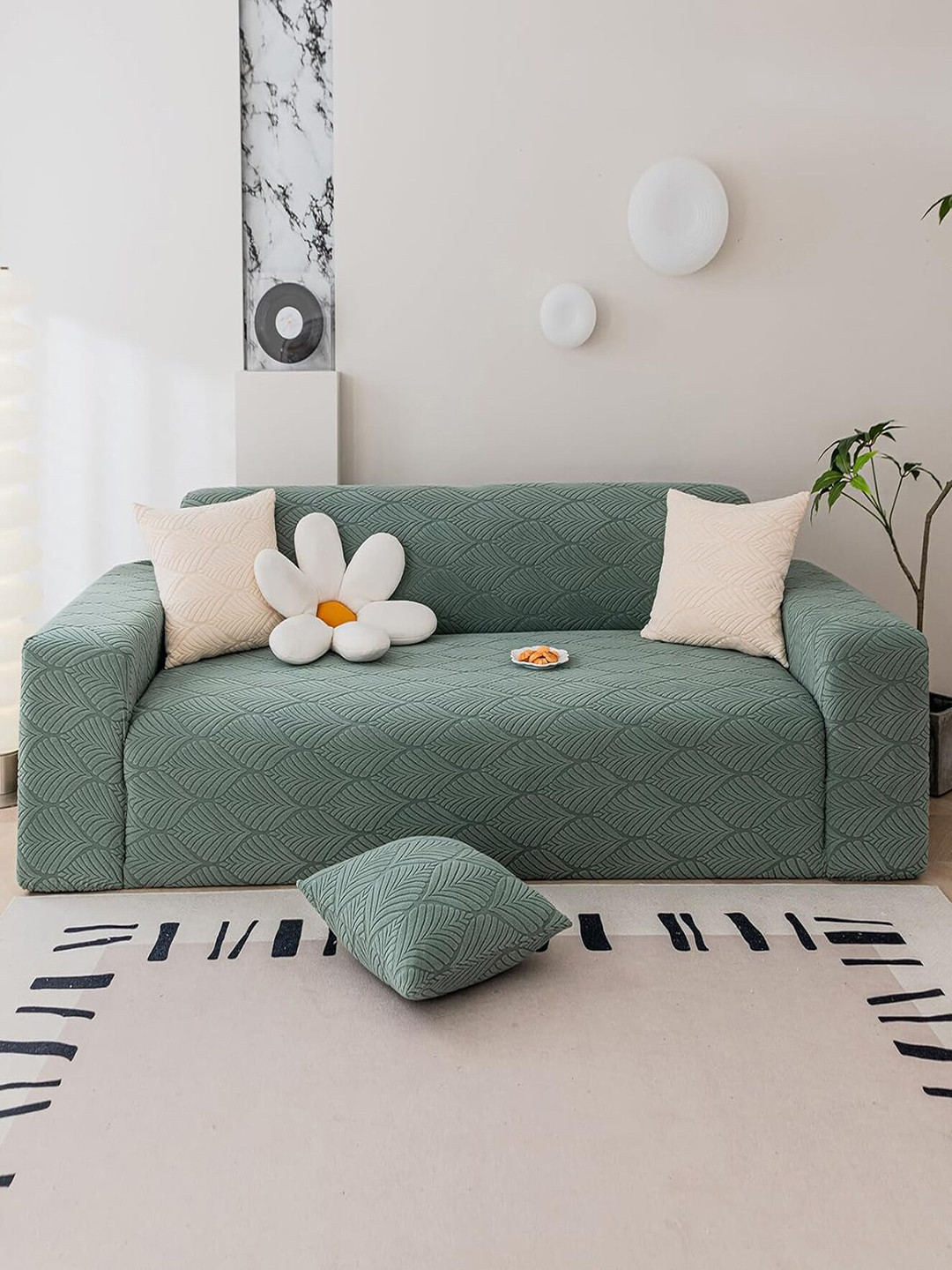

HOUSE OF QUIRK Green Self-Design Jacquard Stretchable Two Seater Sofa Cover