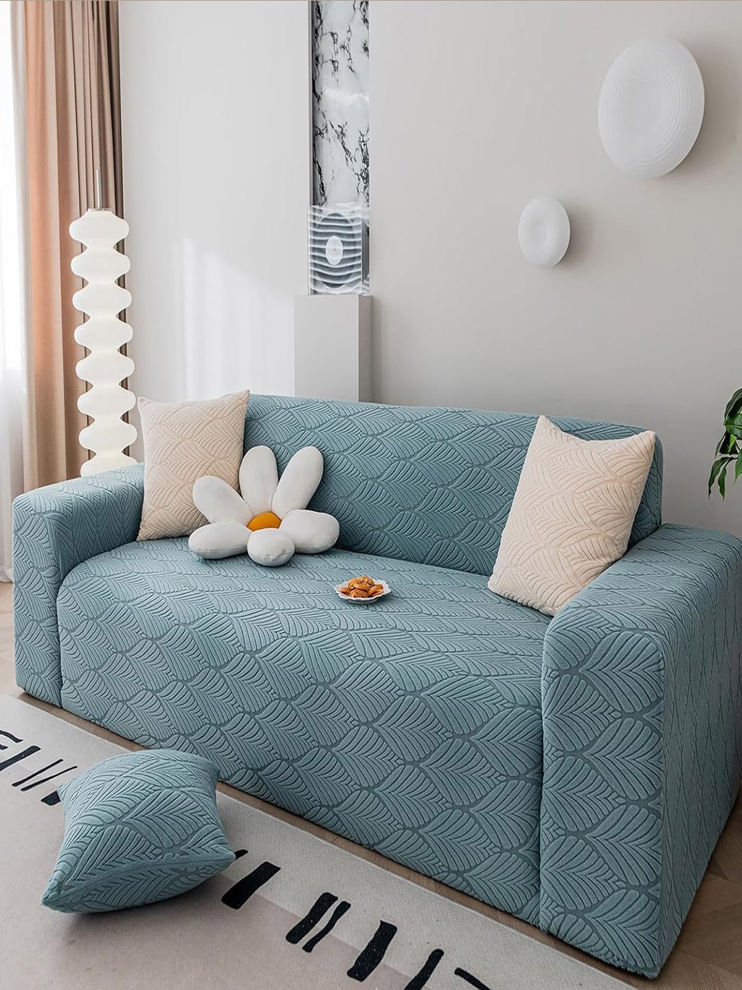 

HOUSE OF QUIRK Blue Leaf Textured Jacquard Flexible Stretch 2 Seater Sofa Cover
