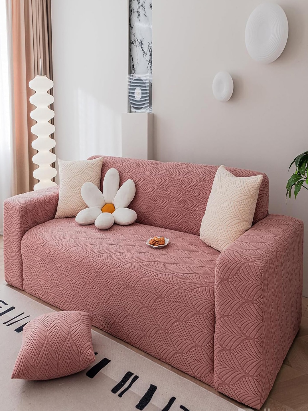 

HOUSE OF QUIRK Pink Self Design Jacquard Stretchable 4 Seater Sofa Cover With Arms