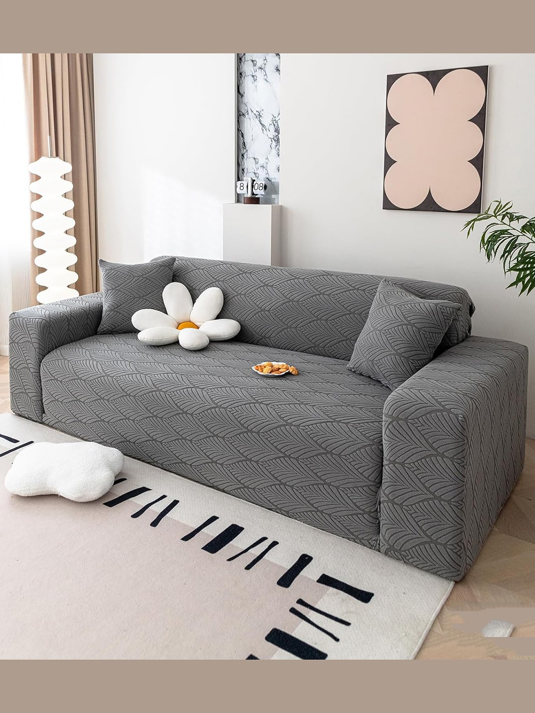 

HOUSE OF QUIRK Grey Self Design Jacquard Stretchable 4 Seater Sofa Cover With Arms