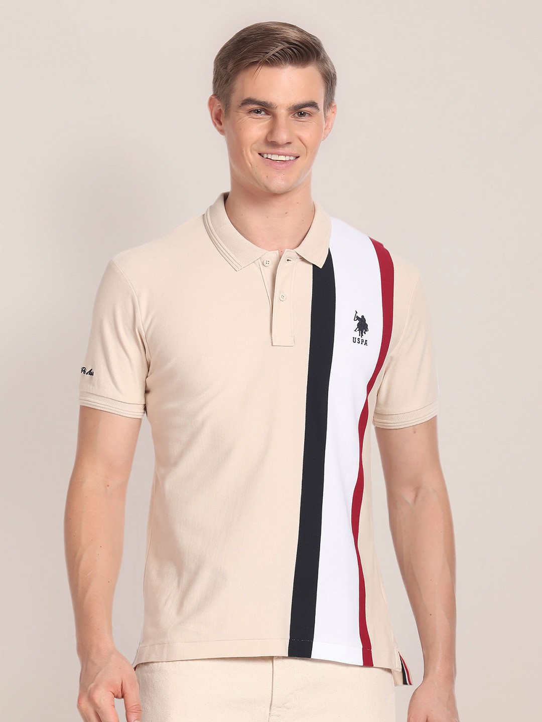 

U.S. Polo Assn. Striped Polo Collar Cotton T-shirt, Beige