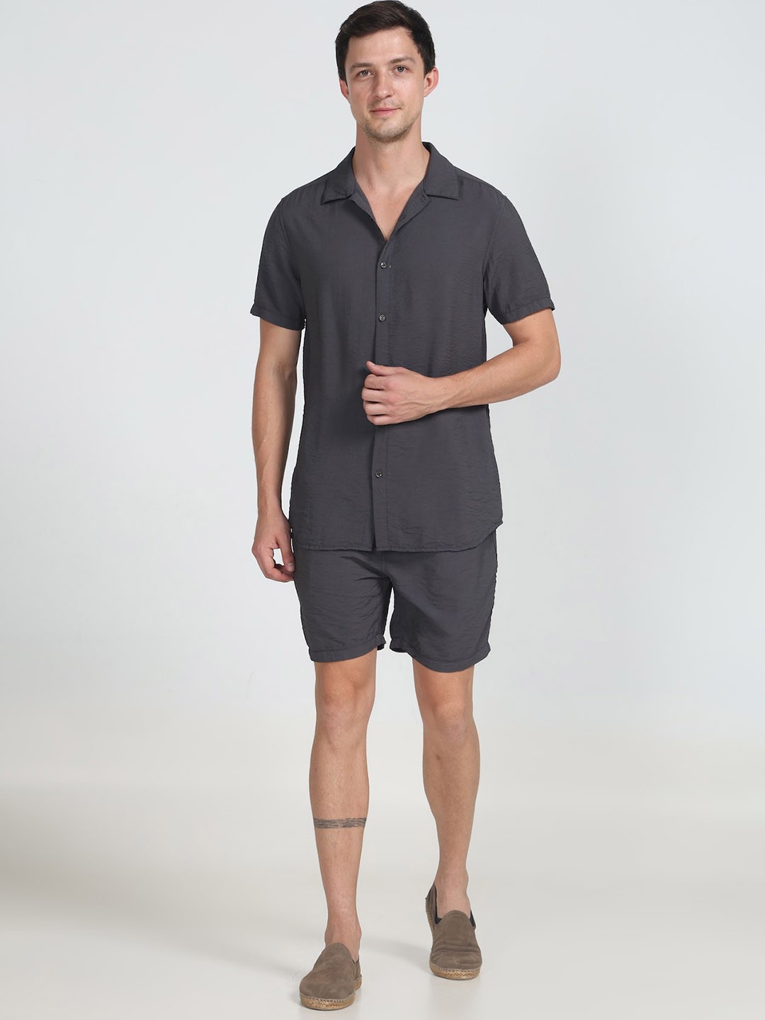 

POE Spread Collar Shirt With Shorts Co-Ords, Grey