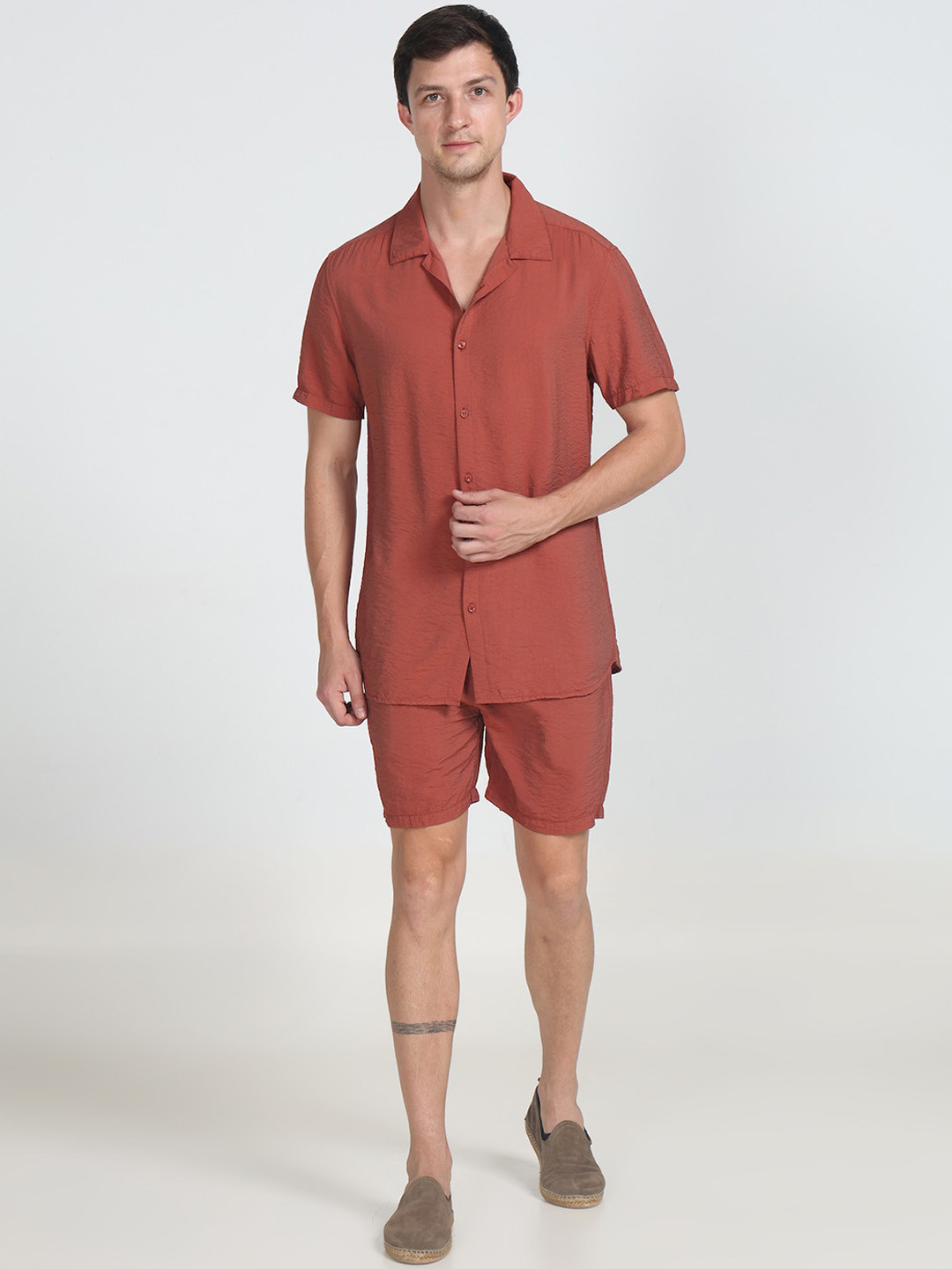 

POE Spread Collar Shirt With Shorts Co-Ords, Orange