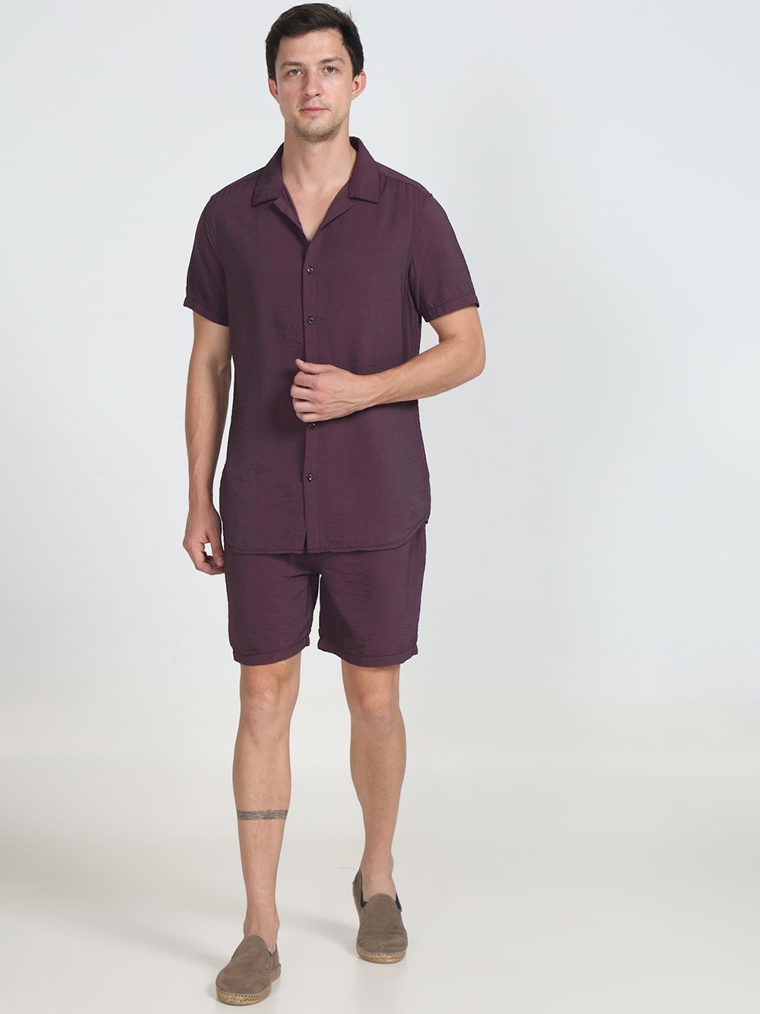 

POE Spread Collar Shirt With Shorts Co-Ords, Burgundy