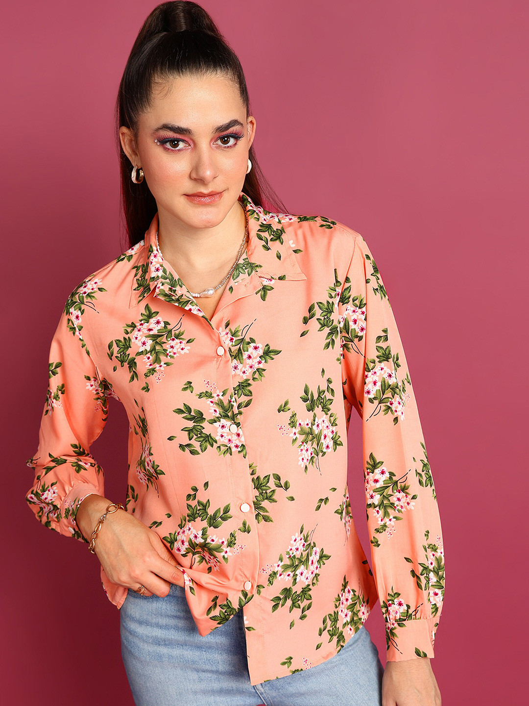 

Popwings Smart Floral Printed Crepe Casual Shirt, Peach