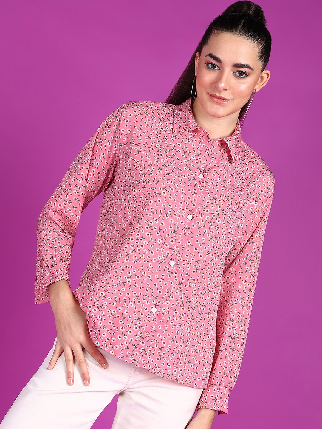 

Popwings Smart Fit Floral Printed Casual Crepe Shirt, Pink