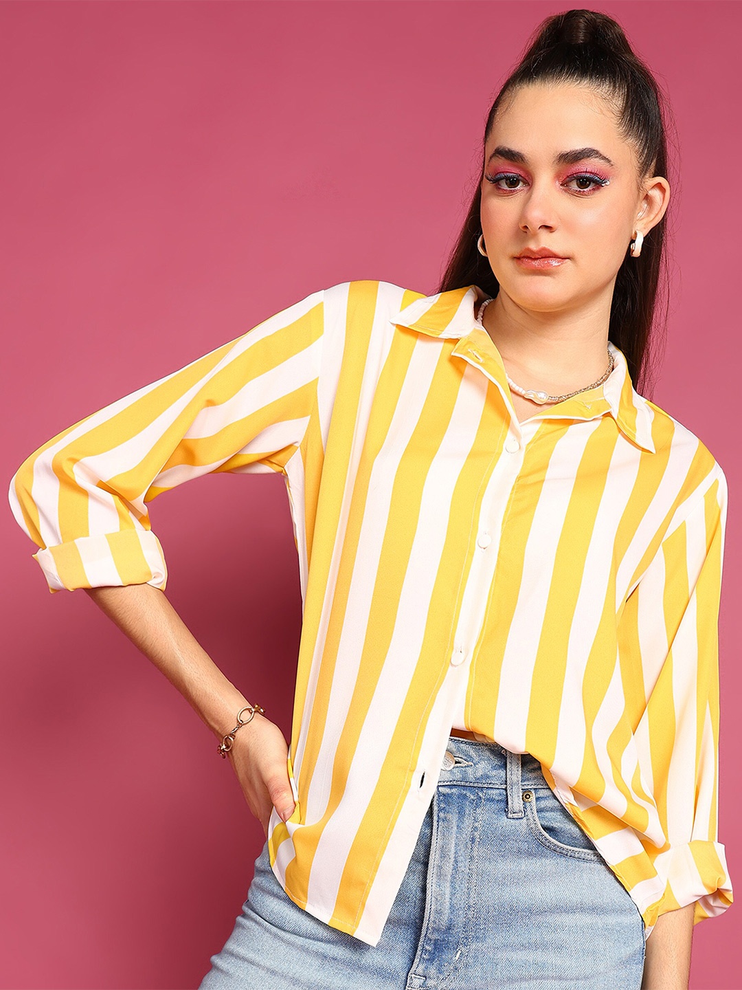 

Popwings Smart Fit Vertical Striped Casual Crepe Shirt, Yellow