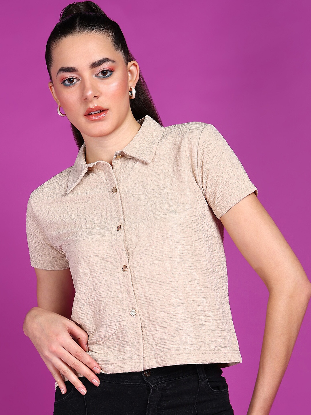 

Popwings Smart Textured Self Design Crop Casual Shirt, Beige