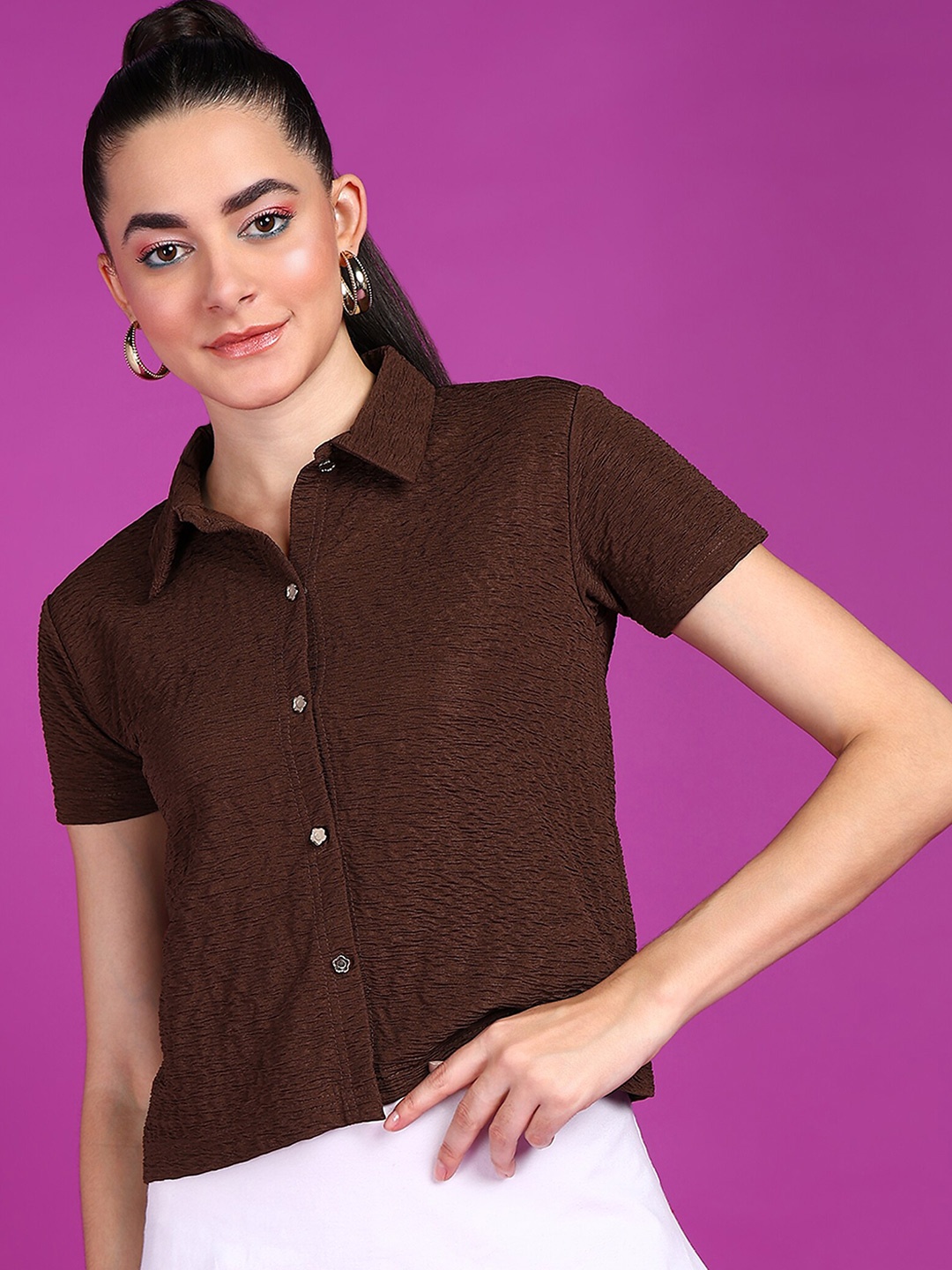 

Popwings Self Design Textured Smart Casual Shirt, Brown