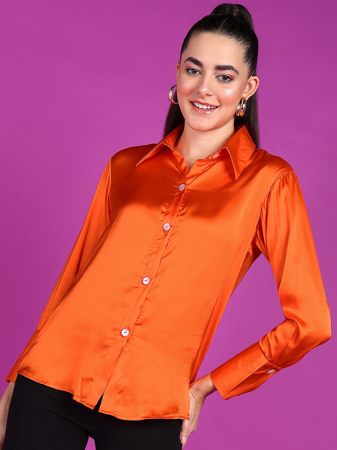 

Popwings Smart Spread Colar Long Sleeves Satin Casual Shirt, Orange
