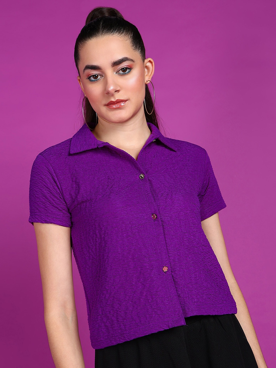 

Popwings Smart Textured Self Design Crop Casual Shirt, Purple