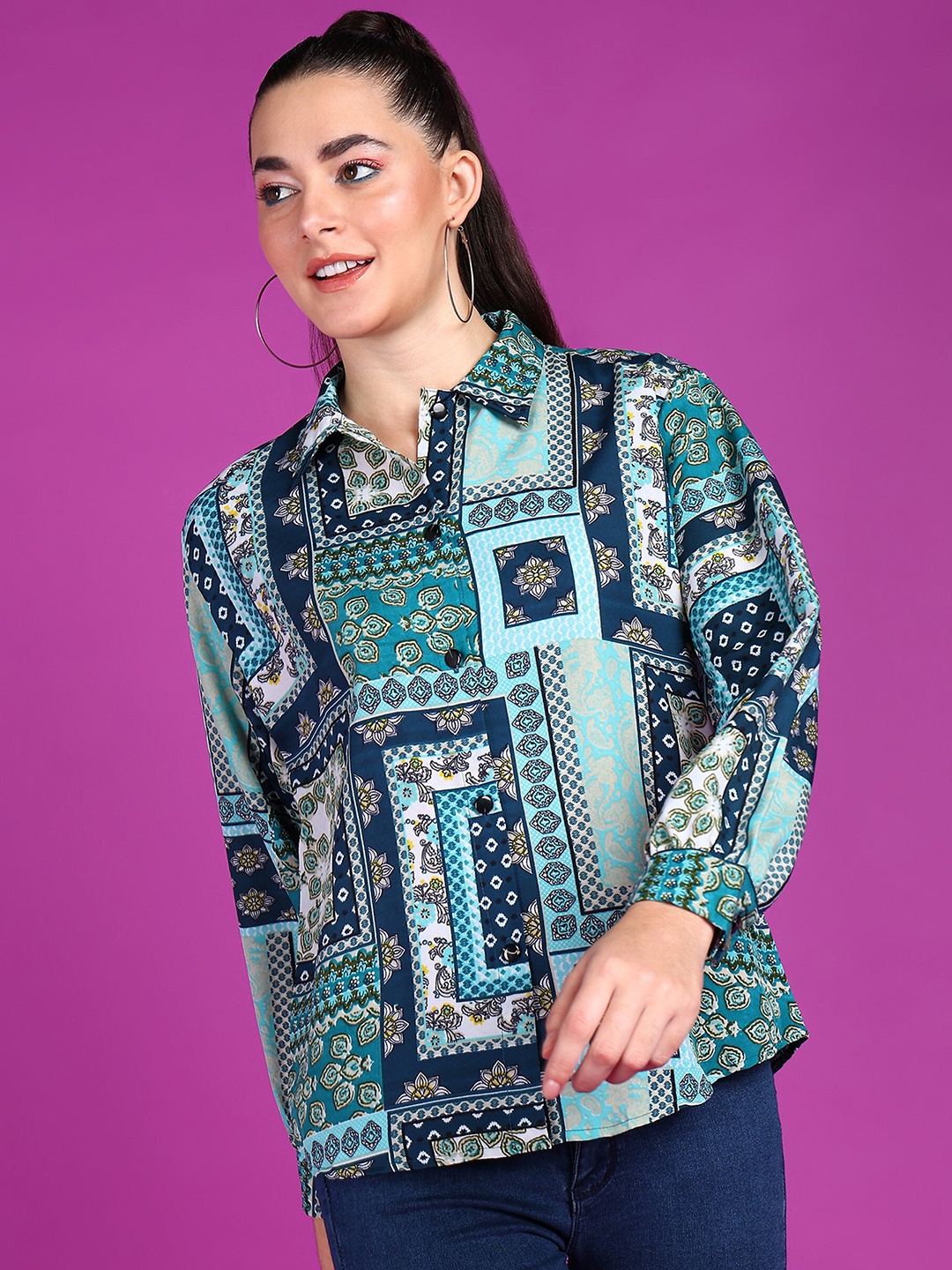 

Popwings Ethnic Motifs Printed Smart Casual Shirt, Green