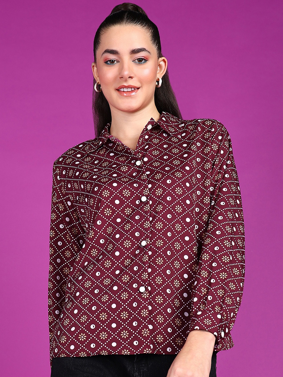 

Popwings Smart Ethnic Motifs Printed Crepe Casual Shirt, Maroon