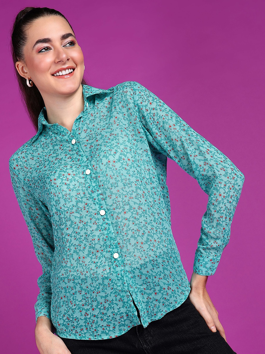 

Popwings Floral Printed Smart Casual Shirt, Turquoise blue