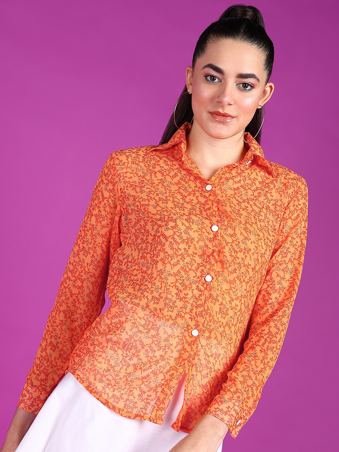 

Popwings Smart Floral Printed Semi Sheer Georgette Casual Shirt, Orange