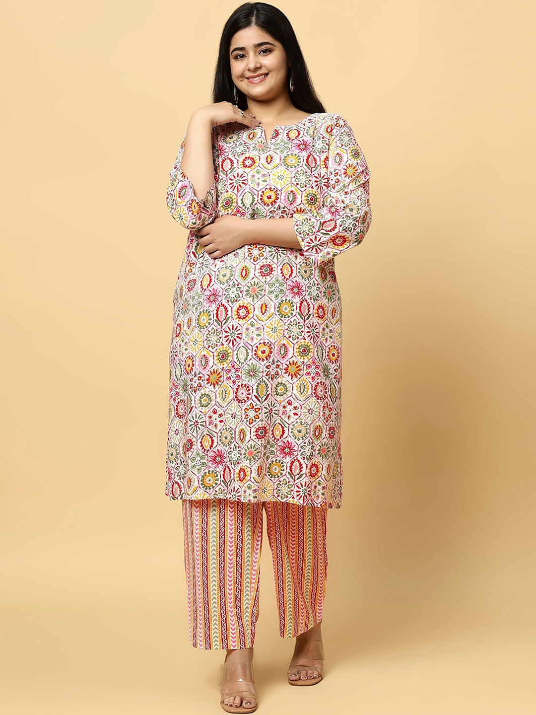 

Sztori Plus Size Floral Printed Pure Cotton Straight Kurta With Trouser, Off white