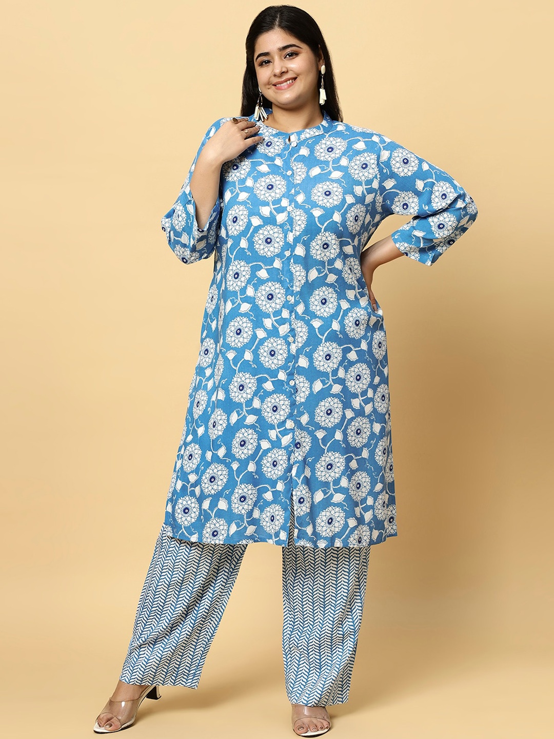 

Sztori Plus Size Ethnic Motifs Printed Pure Cotton Kurta & Trouser, Blue