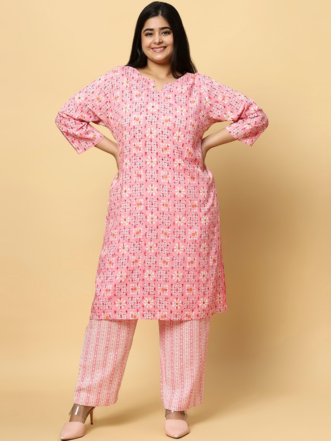 

Sztori Plus Size Ethnic Motifs Printed Pure Cotton Kurta & Trouser, Pink