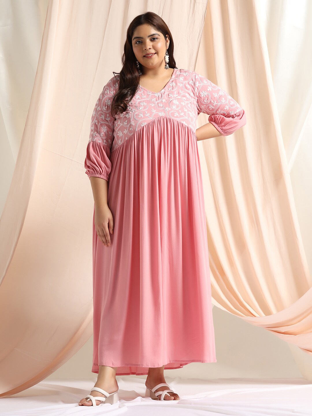 

FASHION DREAM Floral Embroidered V-Neck Gathered Empire Maxi Dress, Pink
