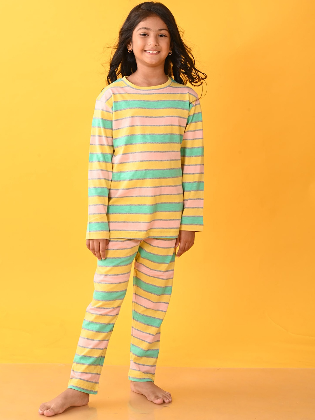 

Anthrilo Girls Striped Round Neck Night suit, Pink