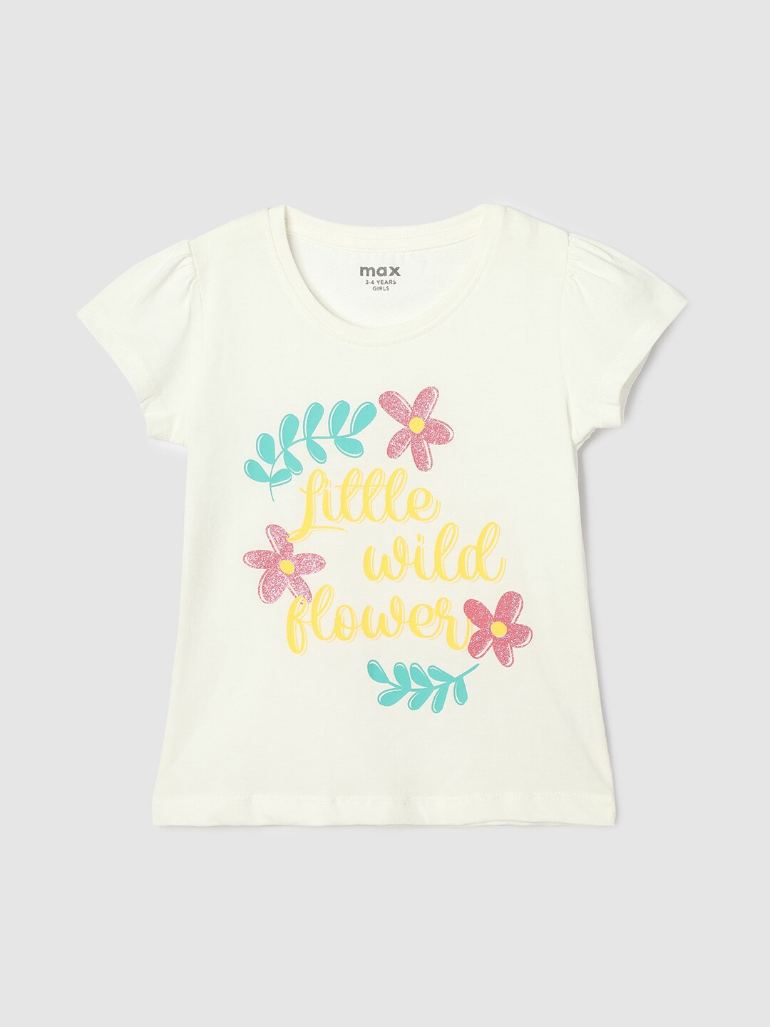 

max Girls Typography Printed Casual Pure Cotton T-shirt, Off white