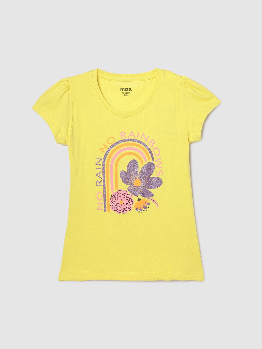 max Girls Floral Printed Pure Cotton T-shirt, Yellow